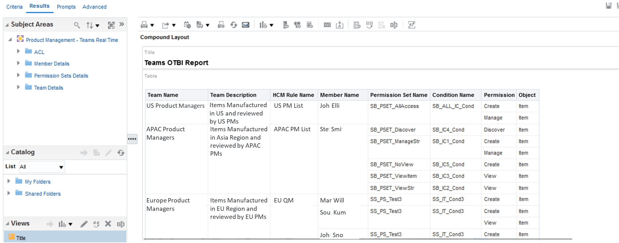 An example of a report to show one of the ways you can use the new subject area to analyse and verify the team configuration.