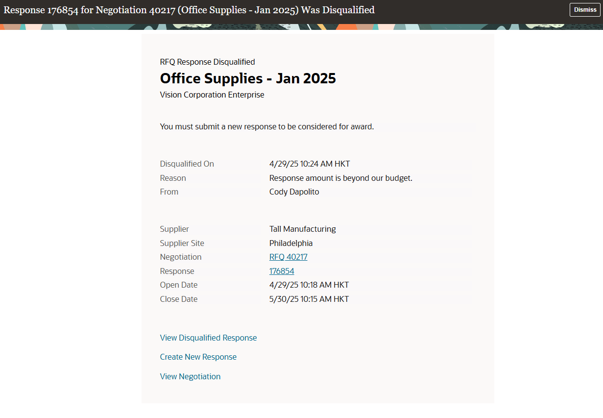 Negotiation Response Disqualified FYI Notification