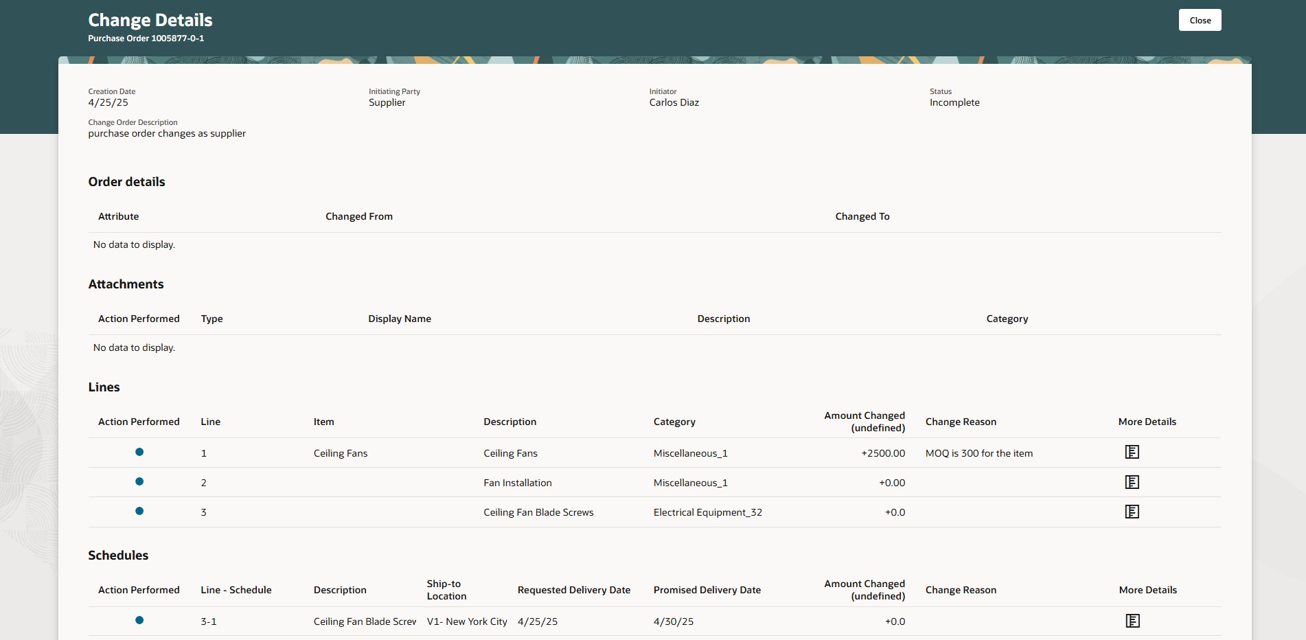 Use Change Details Page Indicating the Changes Proposed to an Active Purchase Order Version 