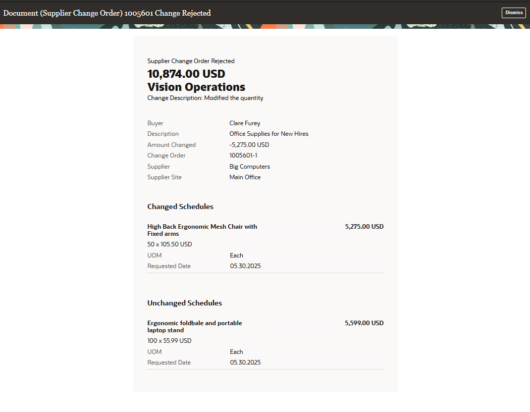 Purchase Order Supplier Change Order Rejected Notification
