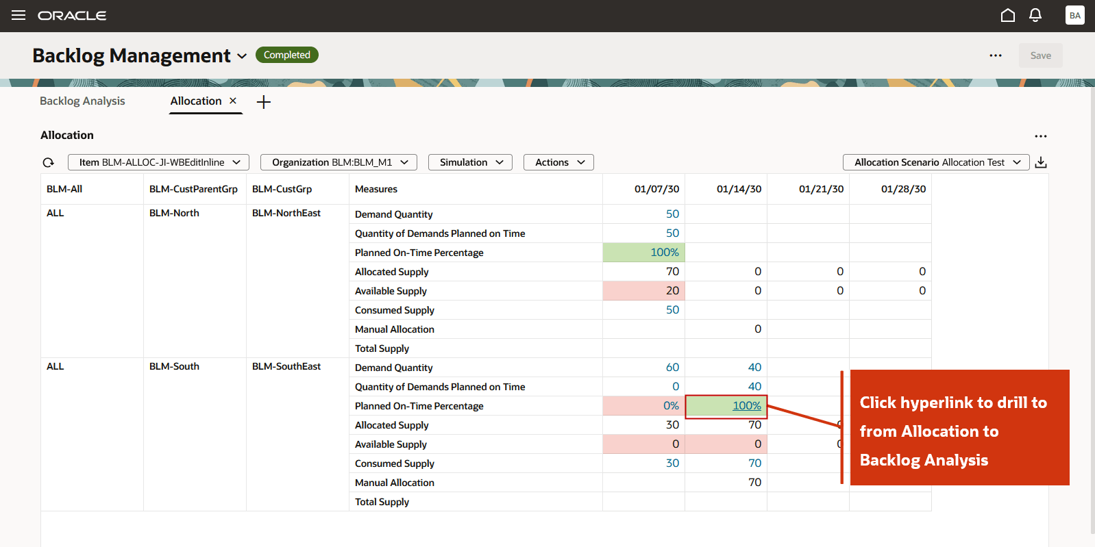 Drill To from Allocation to Backlog Analysis