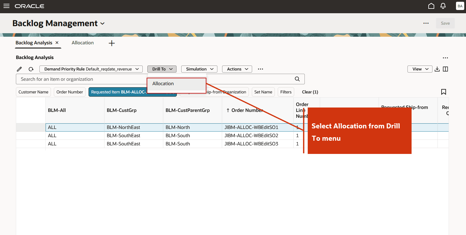  Select Allocation from Drill To Menu
