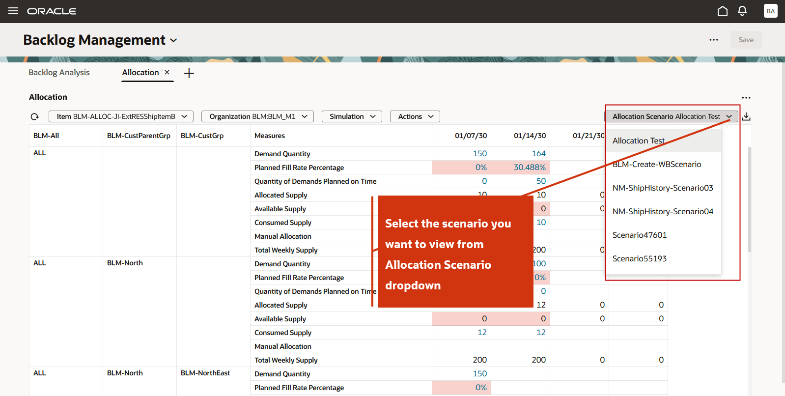 Select Scenario from Allocation Scenario dropdown