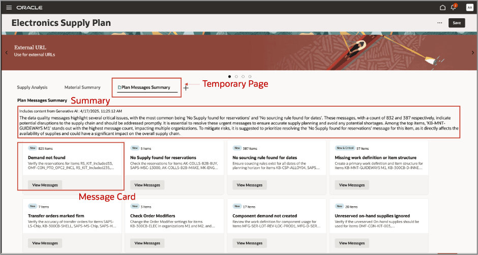 Plan Messages Summary page