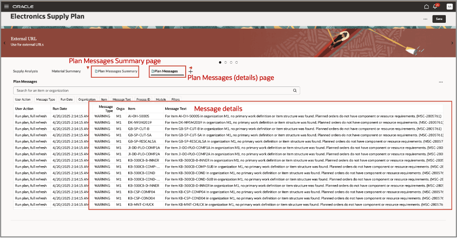 Plan Messages details page