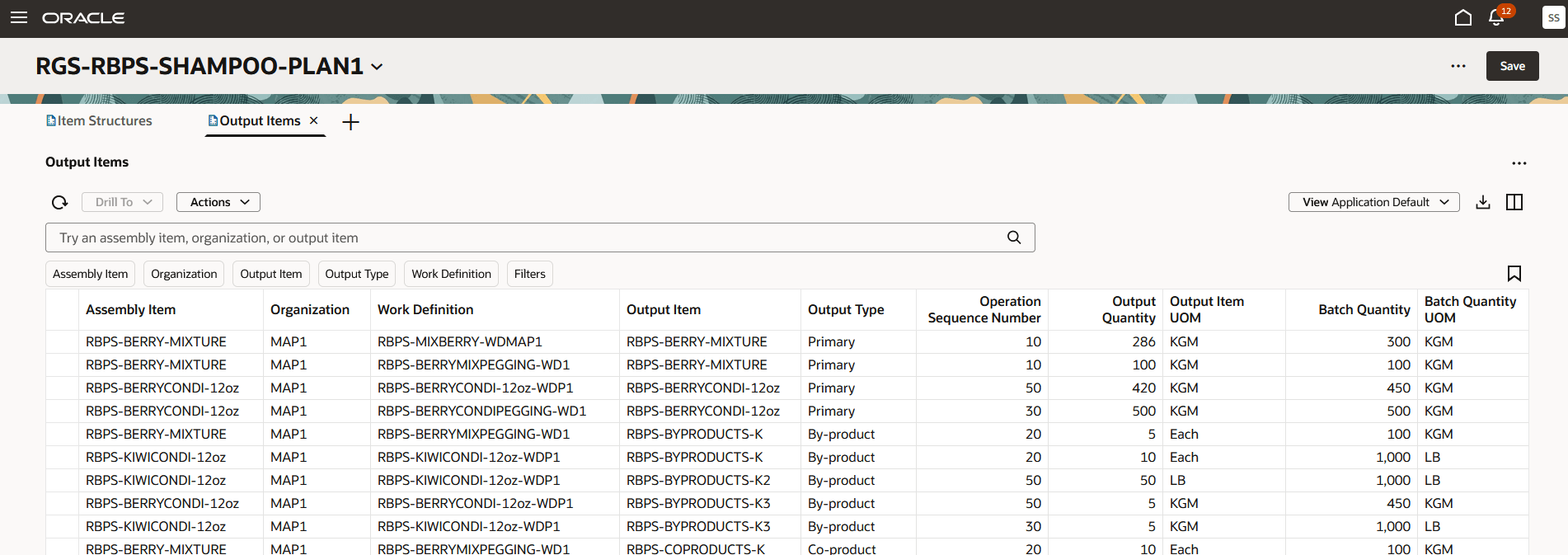 Output Items Table