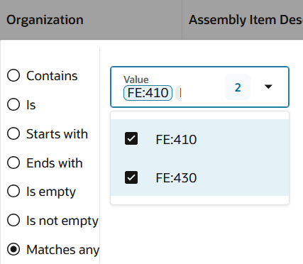 Column Filters Using Matches any Option