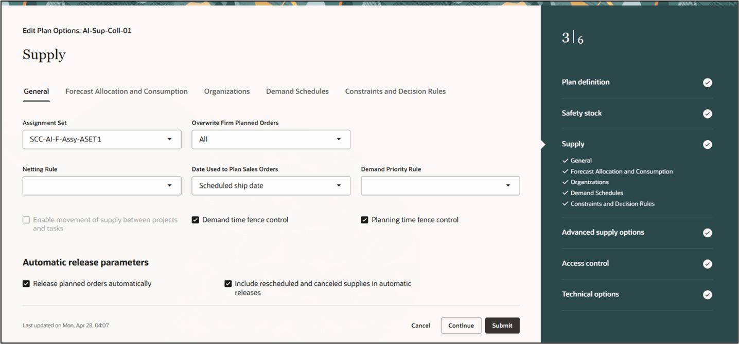 Supply General Tab Plan Options