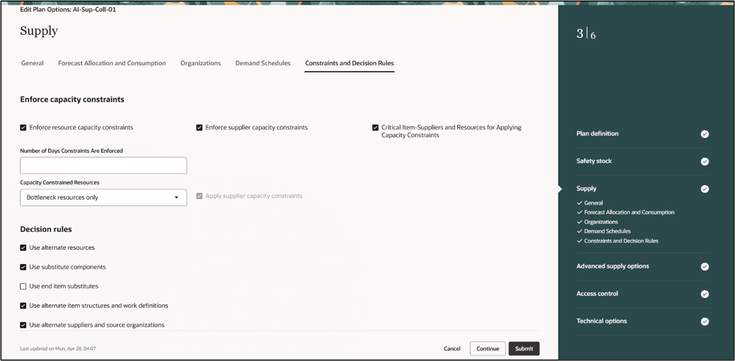 Constraints and Decision Rules Plan Options