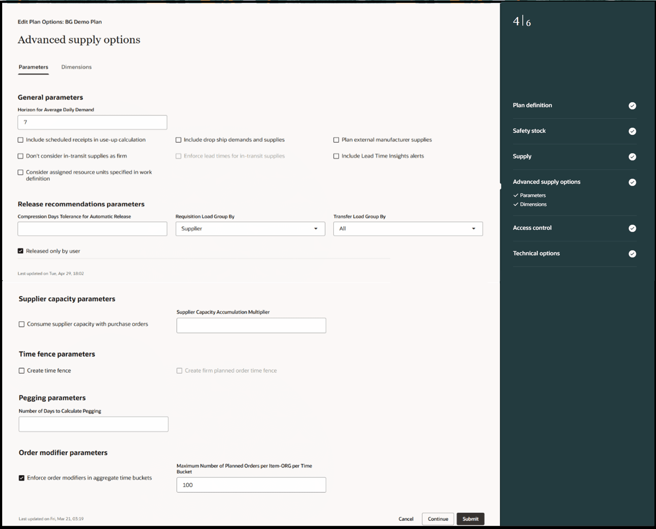 Advanced Supply Options Parameters Tab