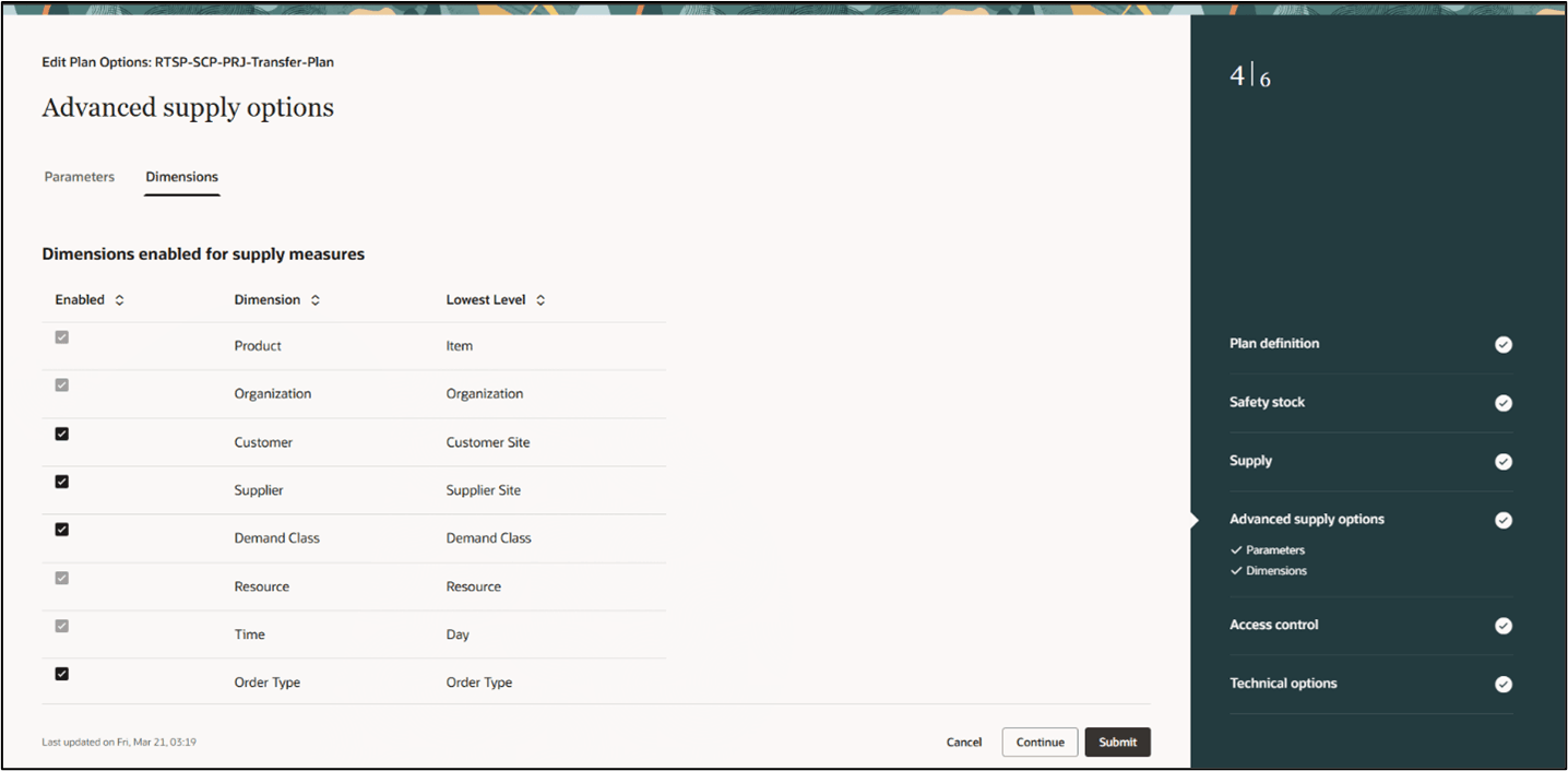 Advanced Supply Options Dimensions Tab