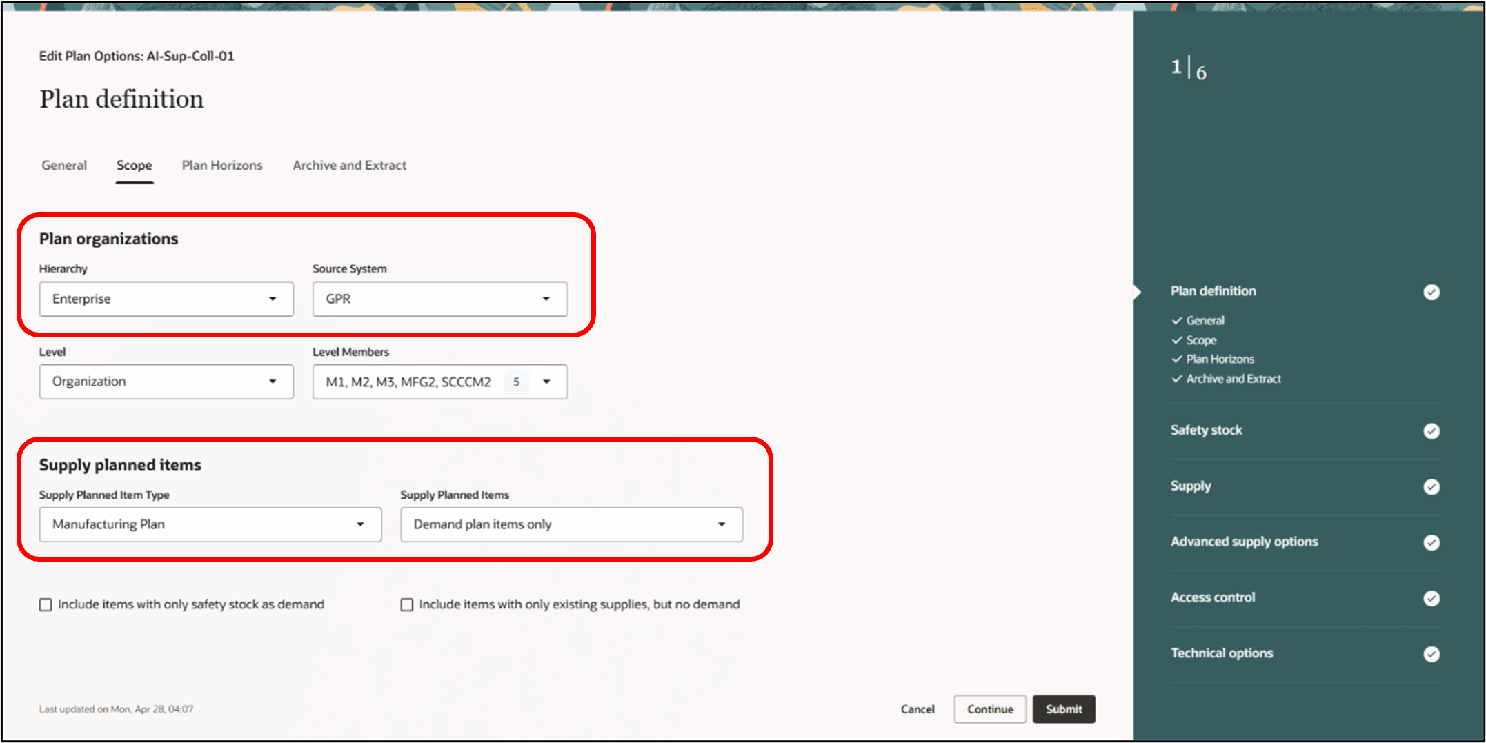 Plan Definition Scope Tab Plan Options