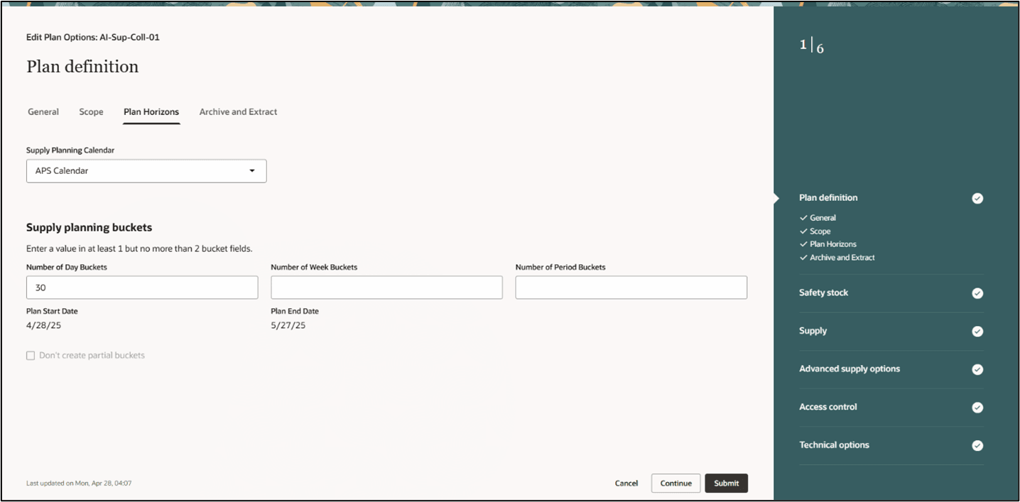 Plan Definition Plan Horizons Tab Plan Options