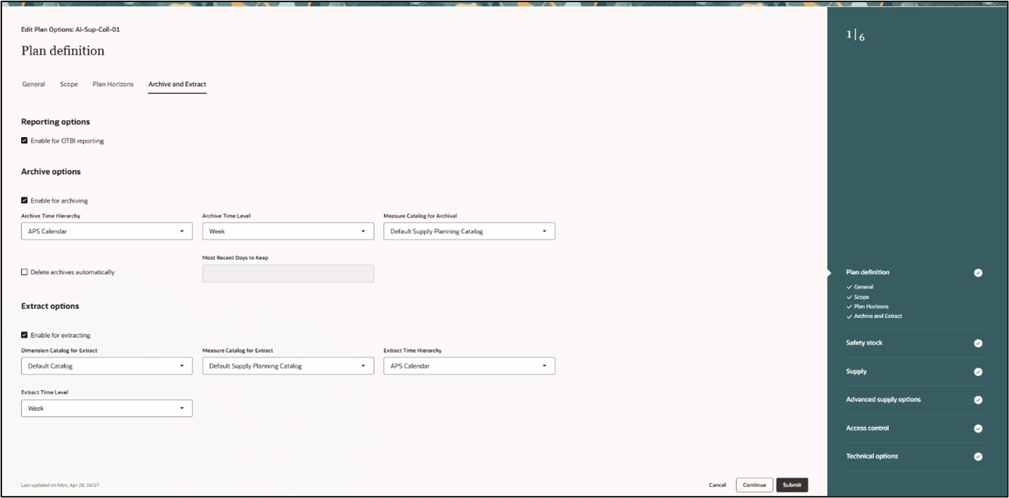 Plan Definition Archive and Extract tab Plan Options