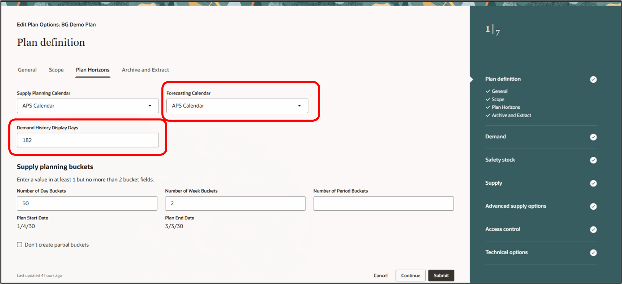Plan Definition Plan Horizons Tab Plan Options