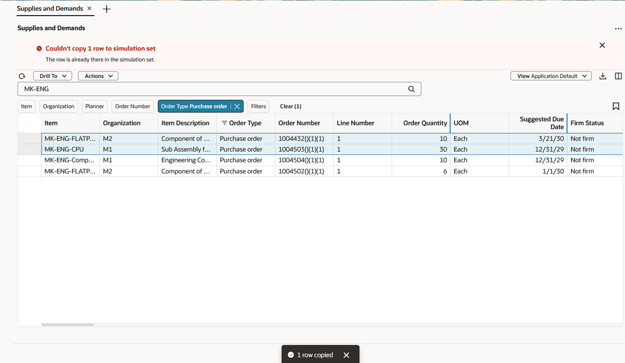 Message Displayed from Plan Inputs When an Order Already Existed in a Simulation Set