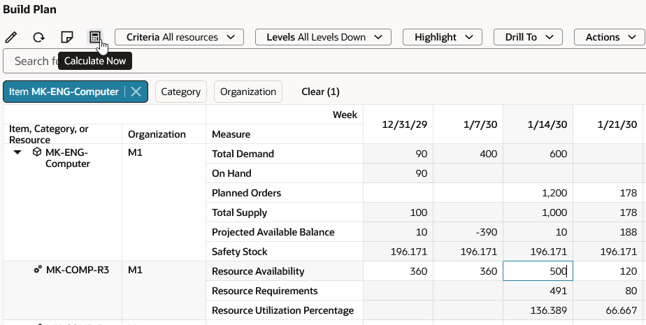 Resource Utilization After Edits, but Before Clicking the Recalculate Now Button