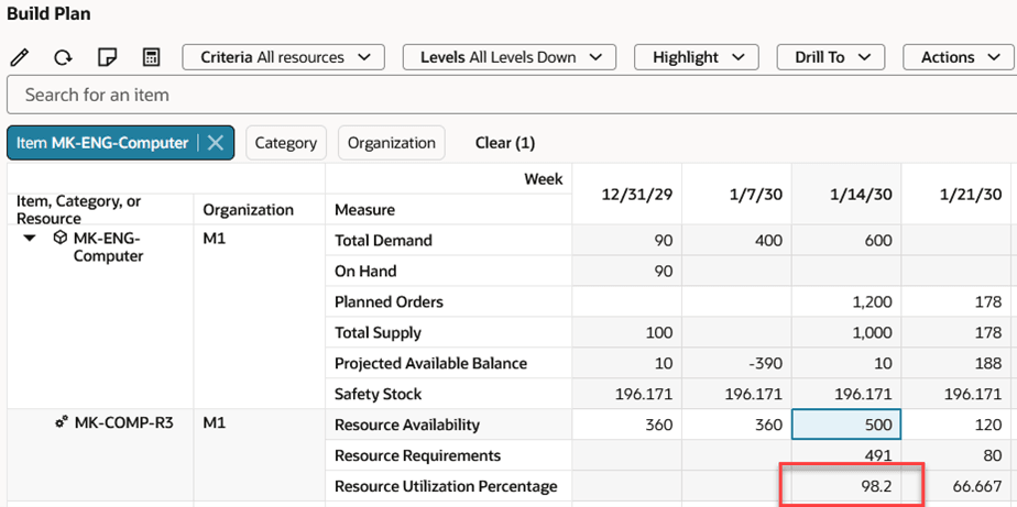 Resource Utilization After Edits and After Clicking the Recalculate Now Button