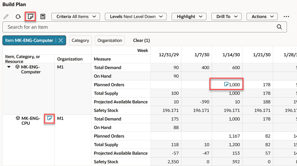 Build Plan with Notes Icon Shown