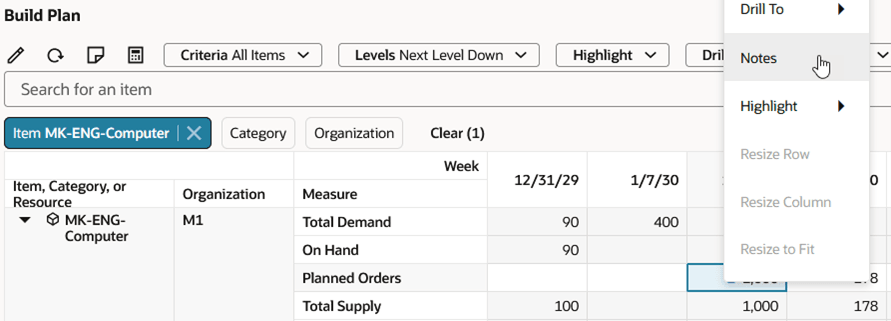 Build Plan Context Menu Showing Notes Action