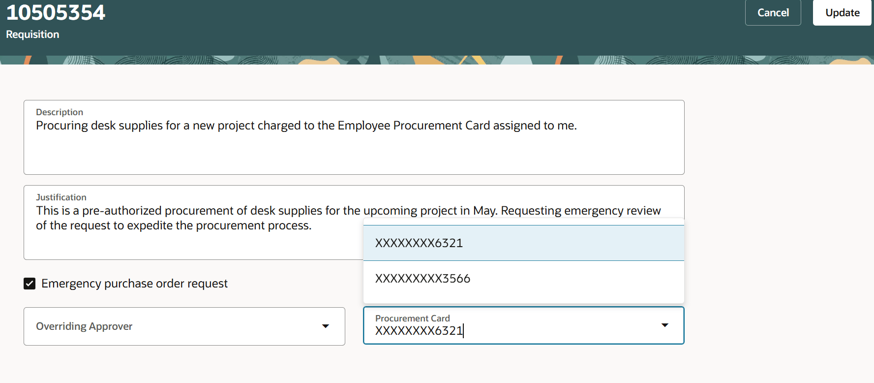 Select and / or Edit Procurement Card