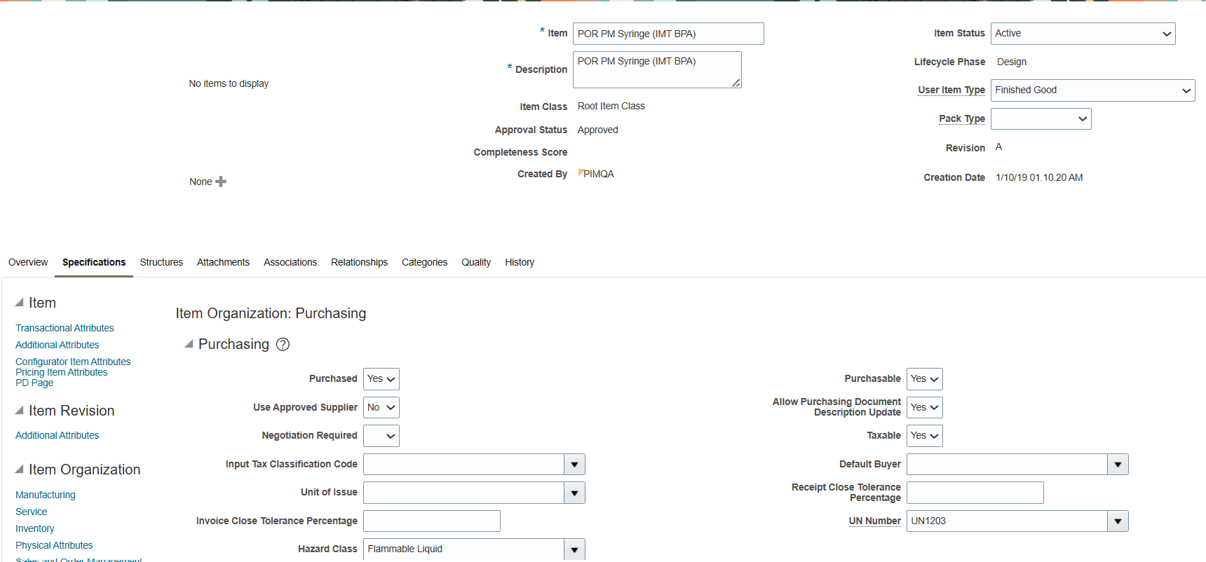 Item Configuration with UN Number and Hazard Class