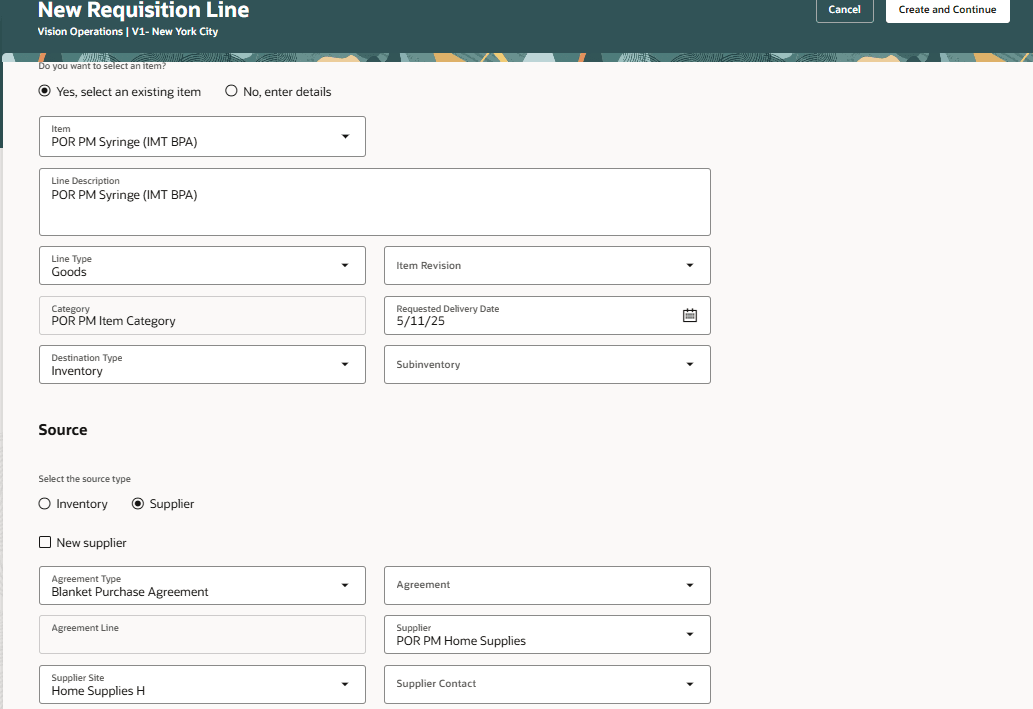 Enter Requisition Line with Item