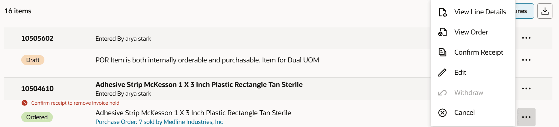 Confirm Receipt Action on Requisition Line
