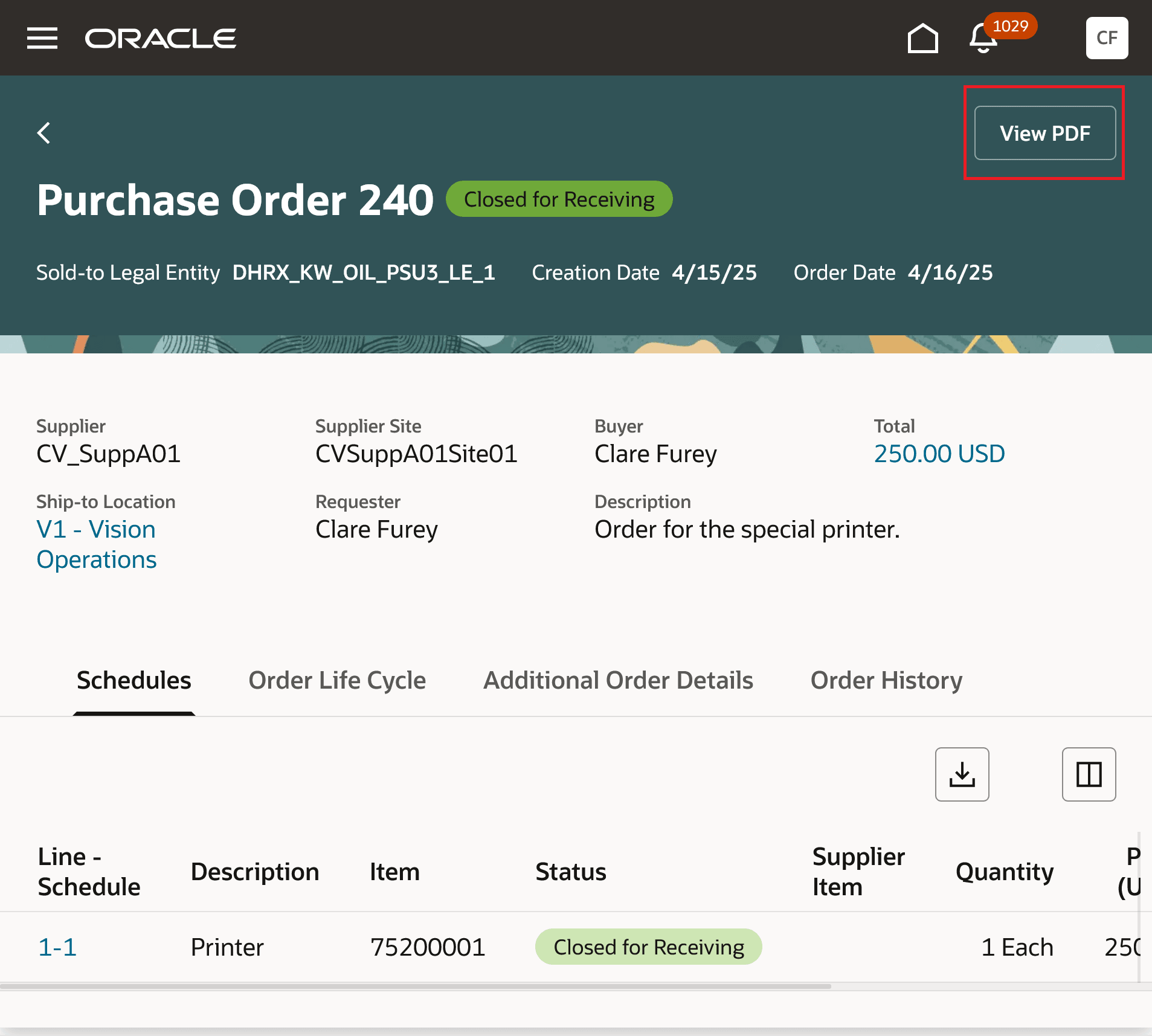 View PDF Action on the View Order Page