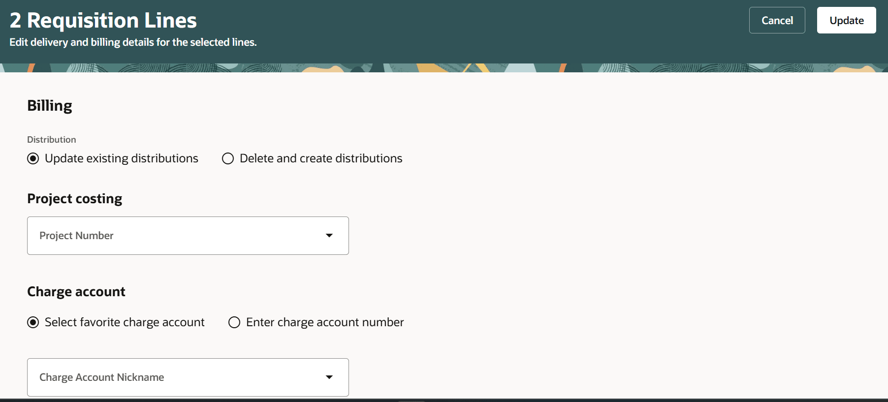 Billing Section with Options to Update or Create Distributions