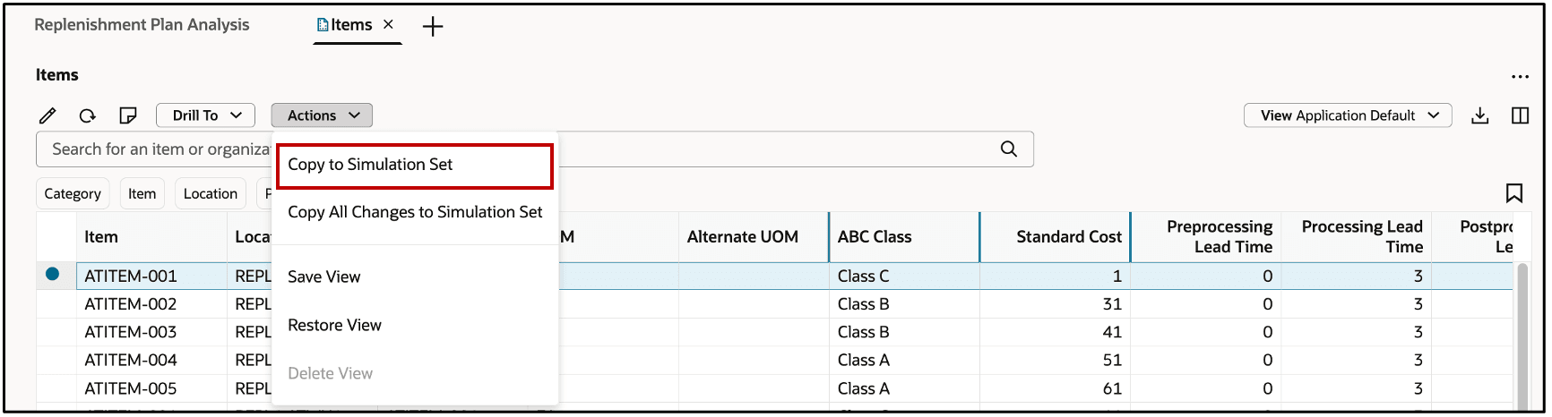 Simulation Options in Actions Field
