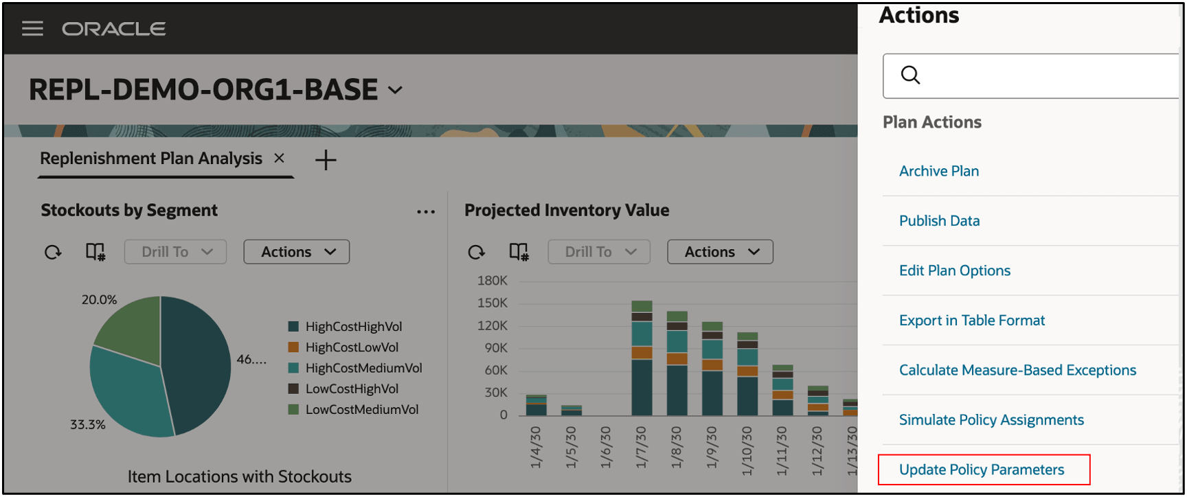 Actions Drawer for Replenishment Plan