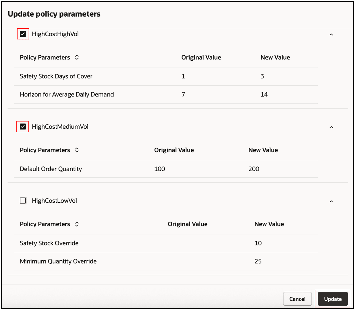 Selected Segments in Update Policy Parameters Drawer