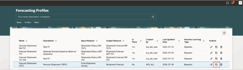 Duplicate Icon on Forecasting Profiles Page