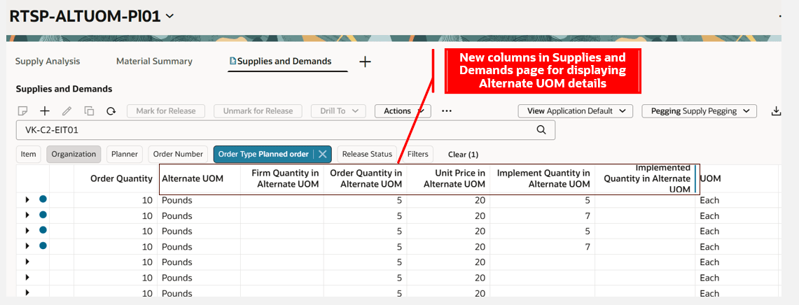Alternate UOM Details Displayed in Supplies and Demands