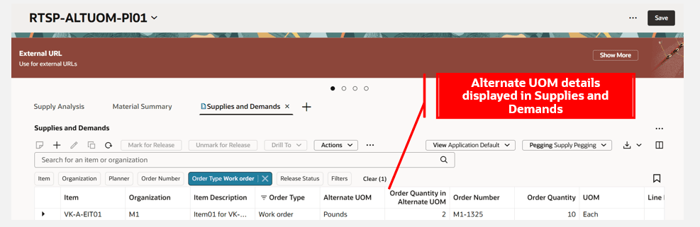 Order Quantities Computed and Displayed with Alternate UOM in Supplies and Demands