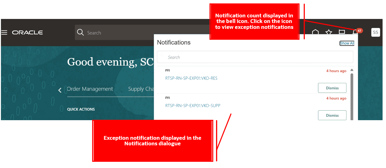 Exception Notifications Displayed in Notifications Dialogue