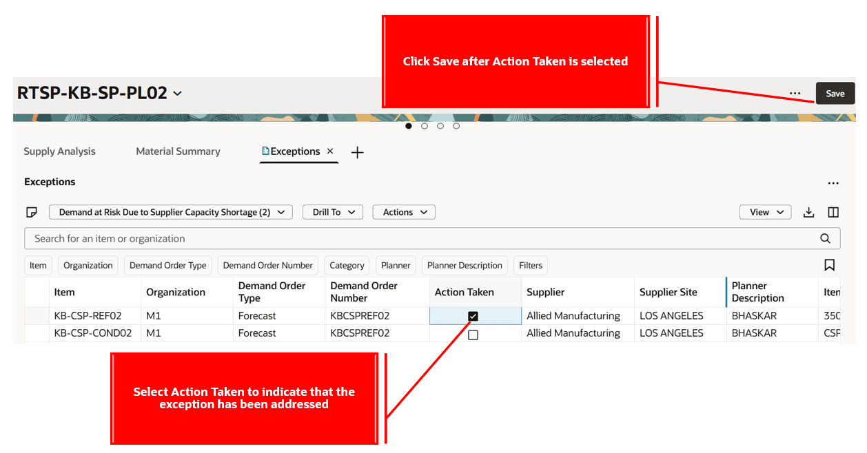 Action Taken Checkbox Selected for an Exception Detail