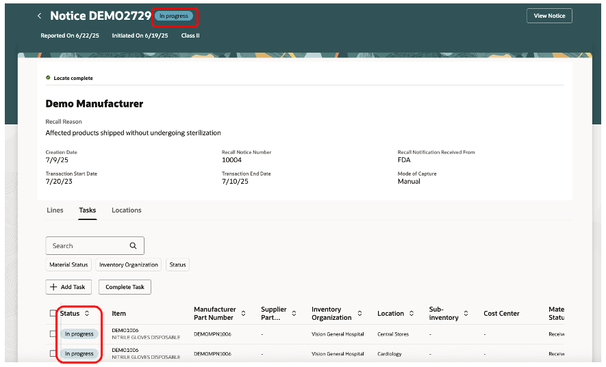 Recall notice and tasks in progress