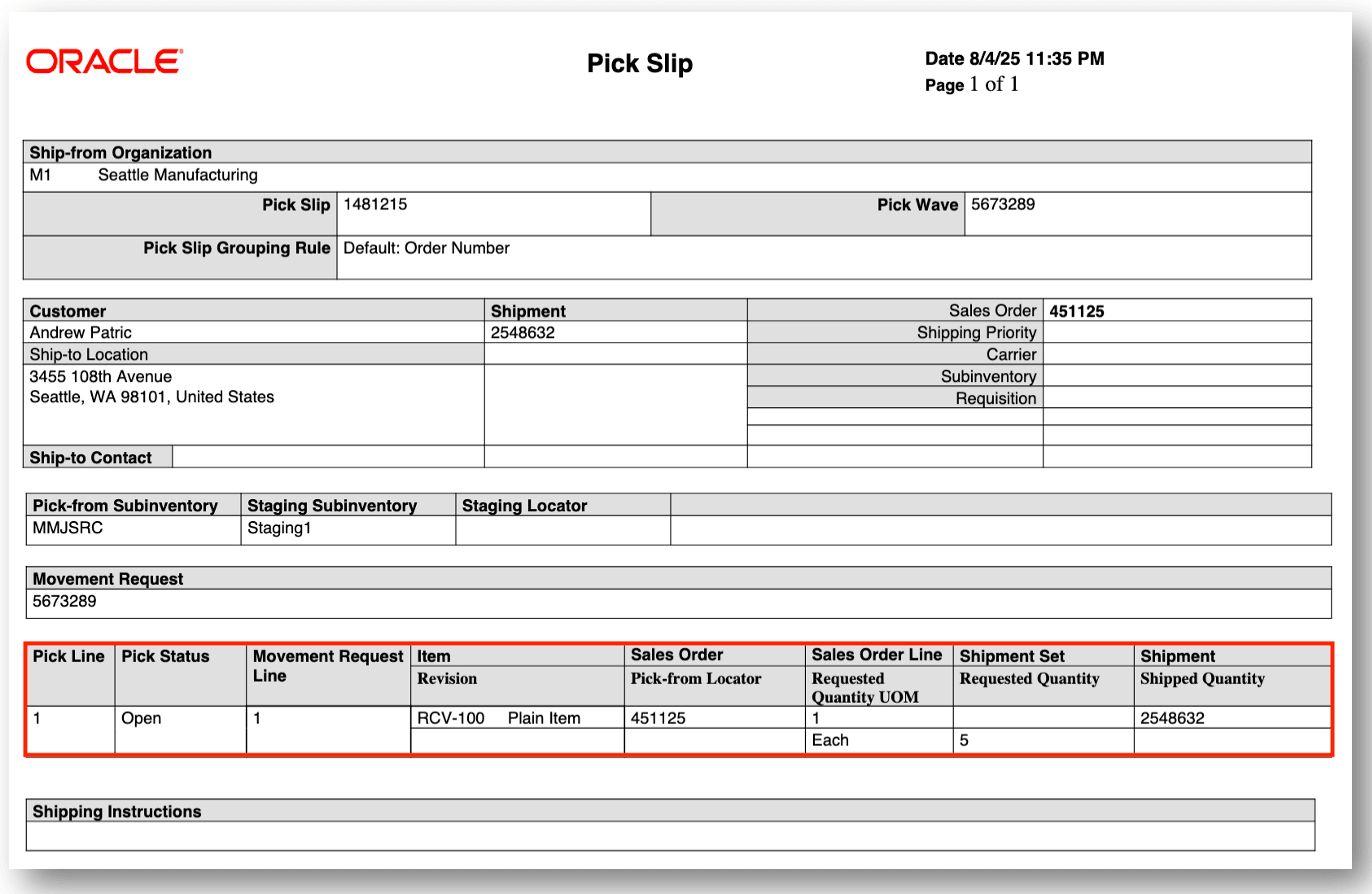 Pick Slip Report