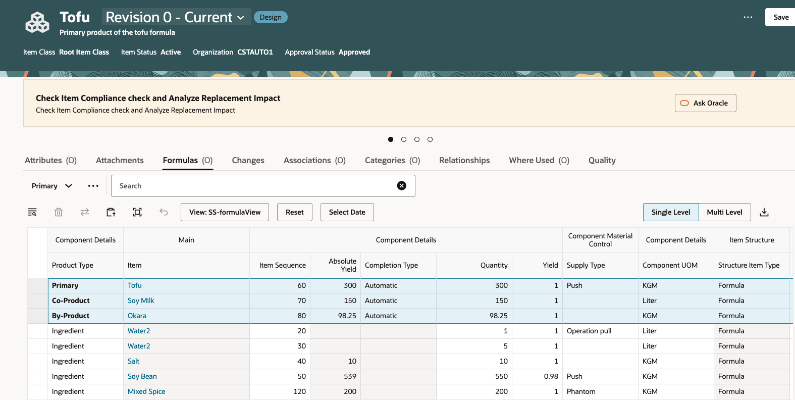 Screenshot of formula of a manufactured item