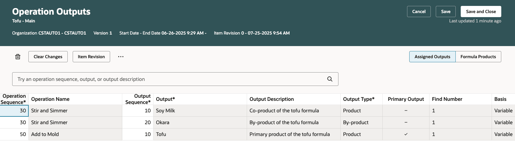 Screenshot of operation outputs for a process manufacturing work definition referencing a formula