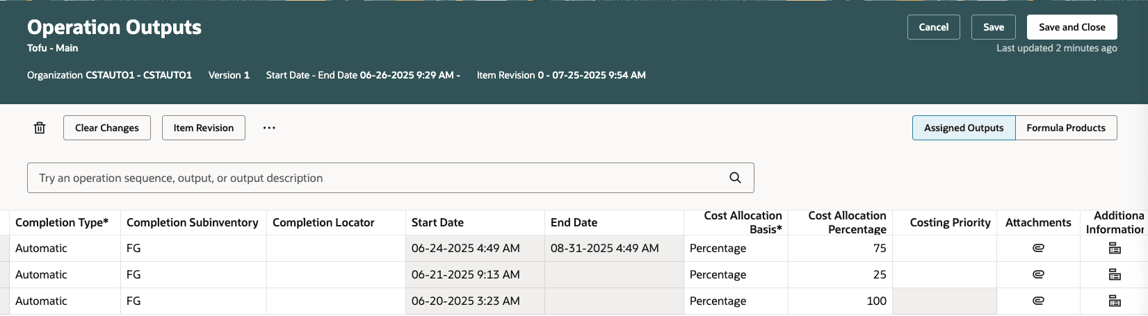 Screenshot with work definition outputs showing the date effectivity