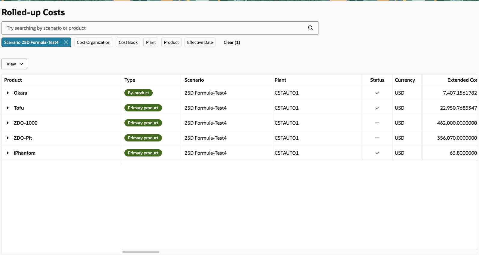 Screenshot of rolled-up costs page