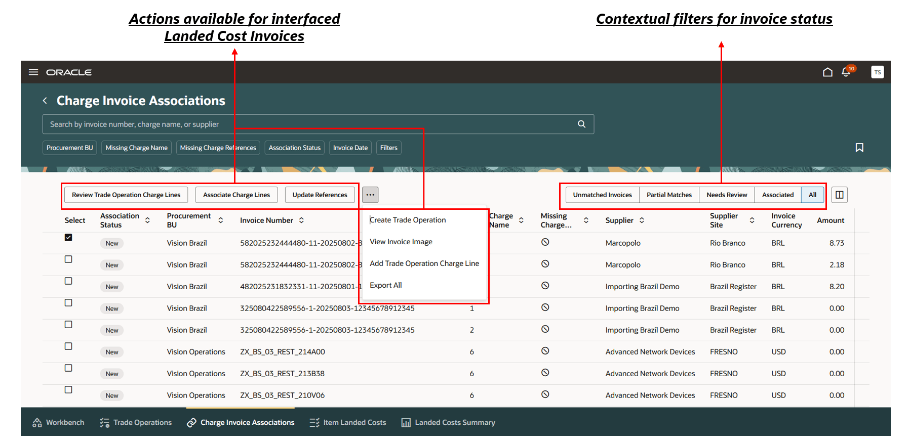 Screenshot for Charge Invoice Associations page