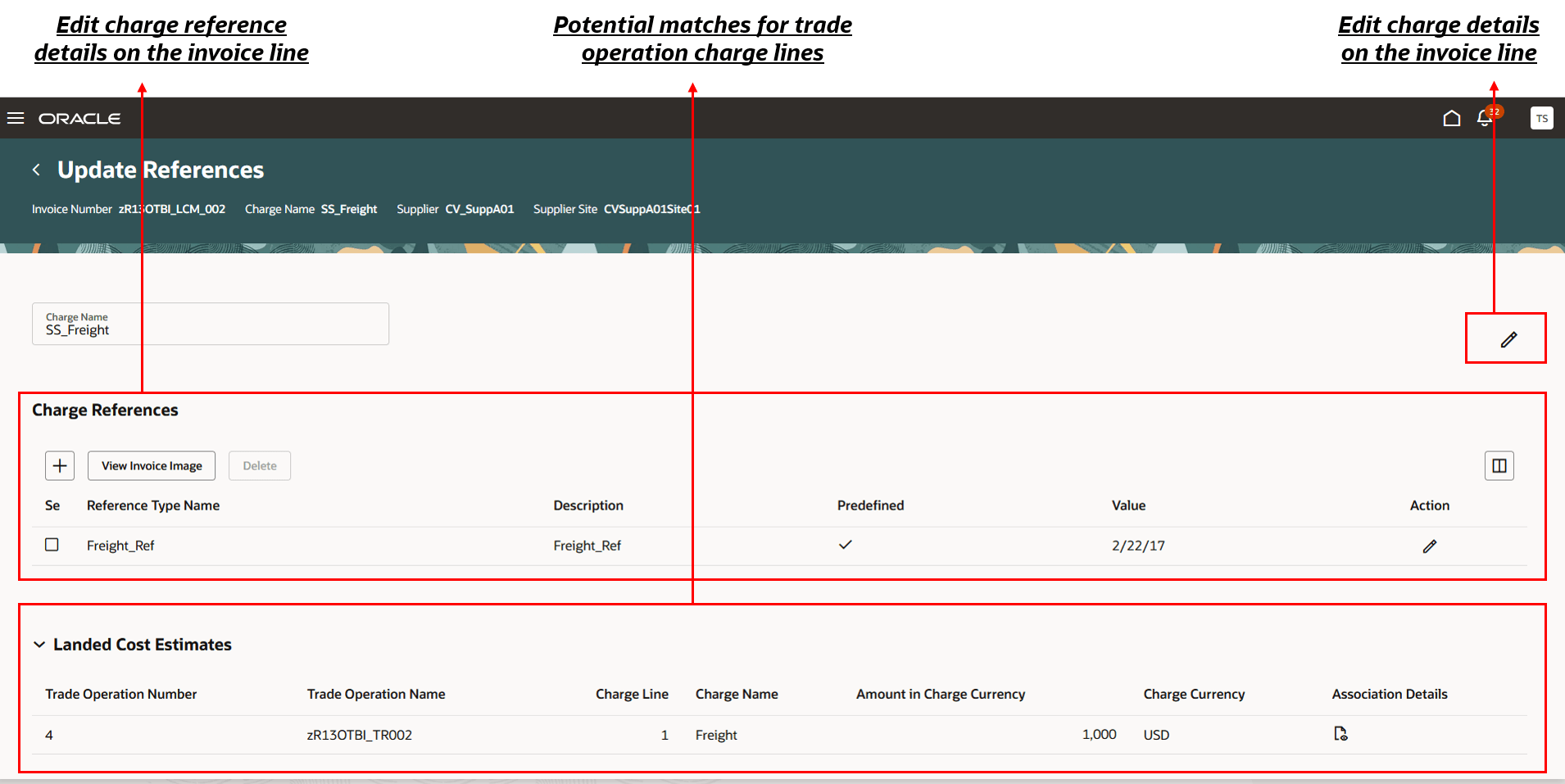 Screenshot for viewing and updating charge and charge reference details