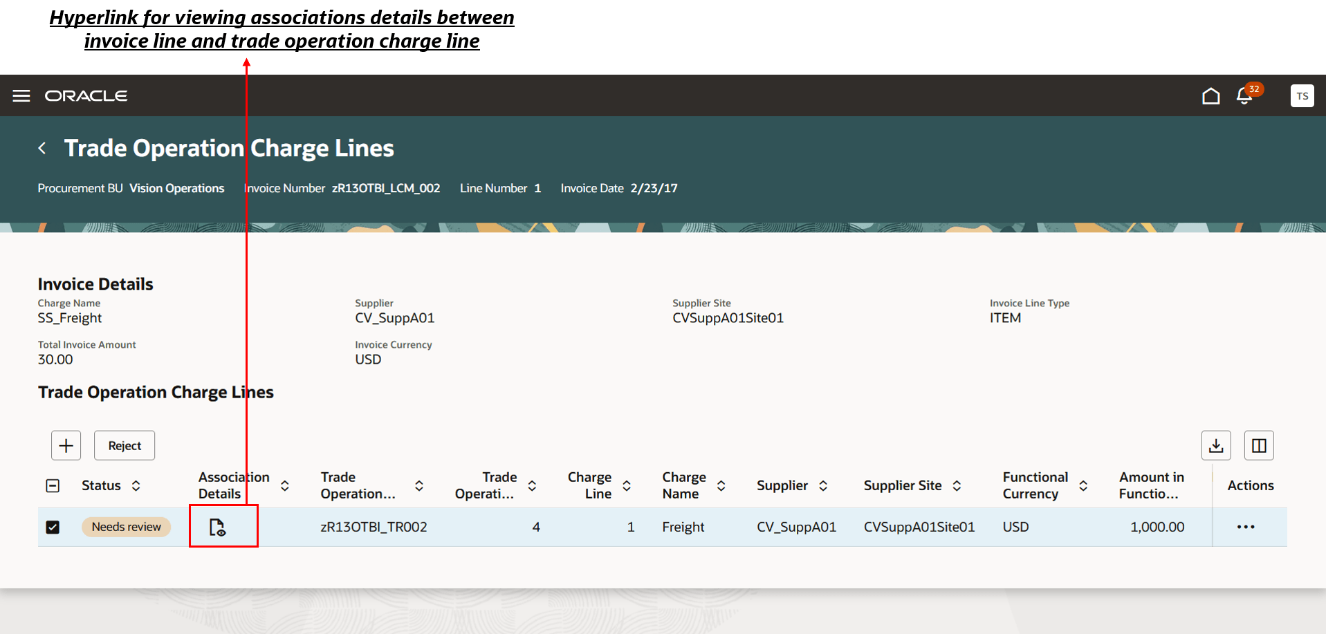 Screenshot for drill down page of Trade Operation Charge lines
