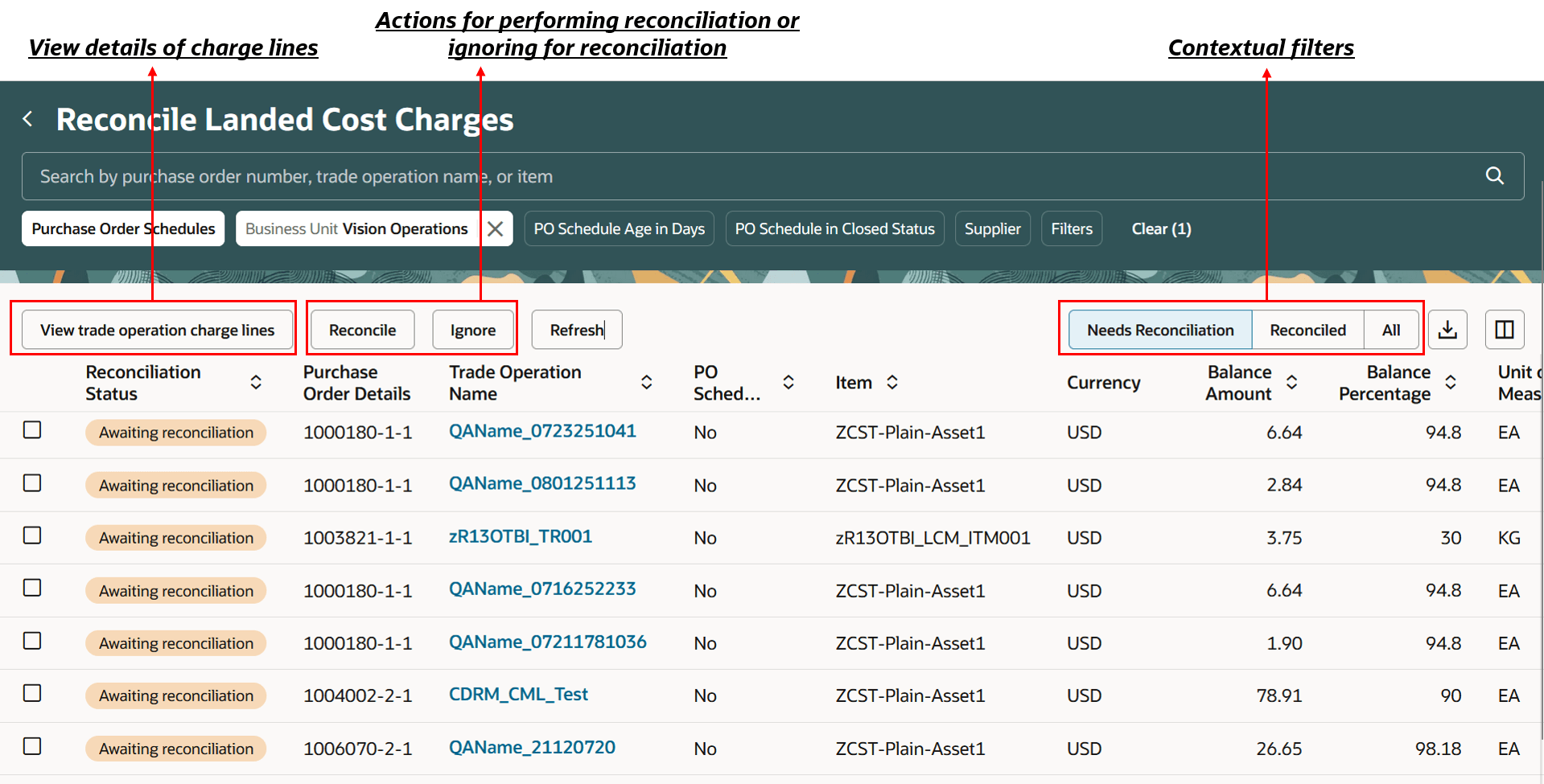 Reconcile Landed Cost Charges page