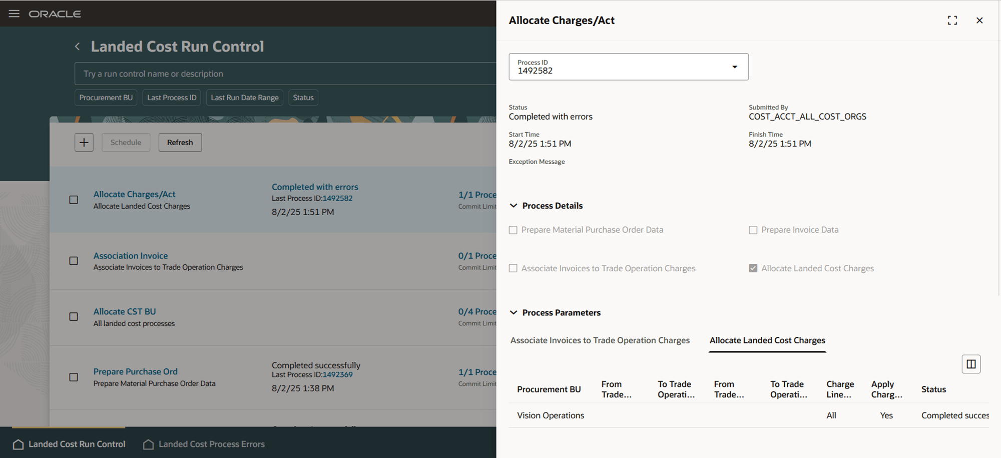Screenshot for viewing status and parameters for a process ID and run control