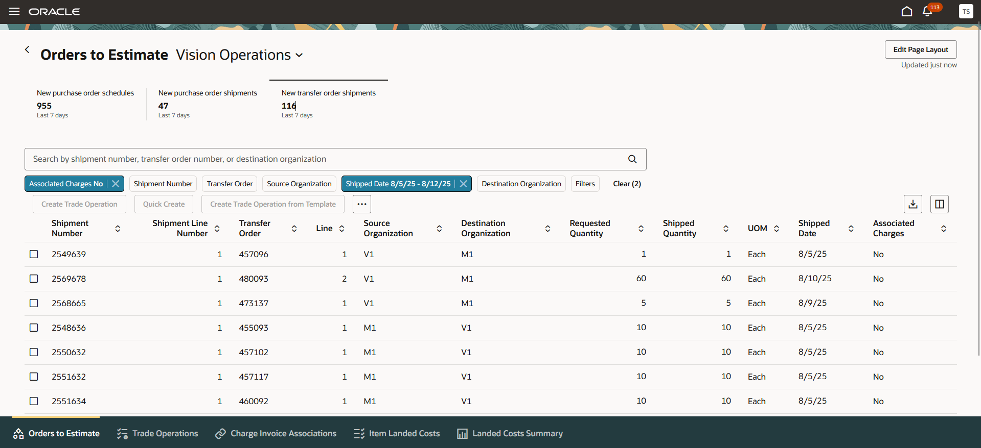 Orders to Estimate page with transfer order shipments created in last 7 days.